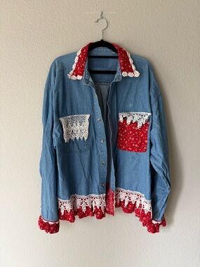 Vintage Women’s Denim Button Up with Cotton Floral Trim & Lace